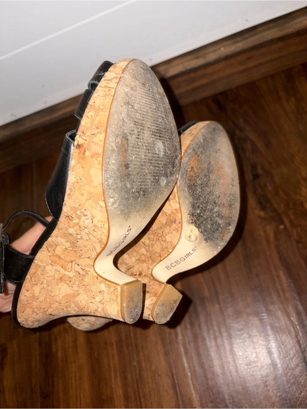 Vintage Y2K BCBGirls Black Cork Wedge Sandals with Ankle Strap